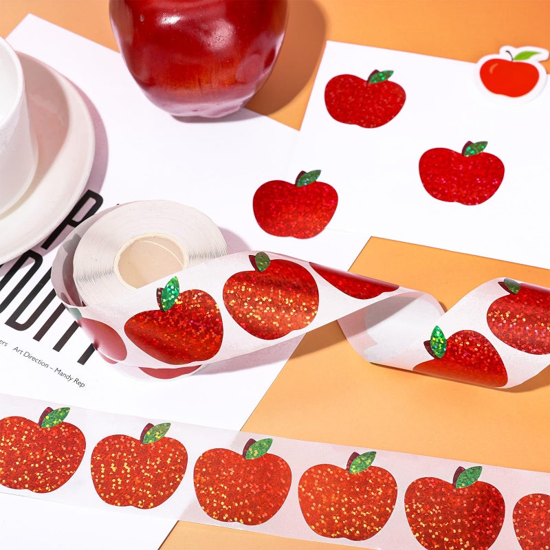 Whaline Fall Apples Stickers Roll Laser Red Apples Fruit Stickers Holographic Waterproof Self-Adhesive Decals for Thanksgiving Baby Shower Back to School Teacher Reward Decor, 500 Pcs - Image 3